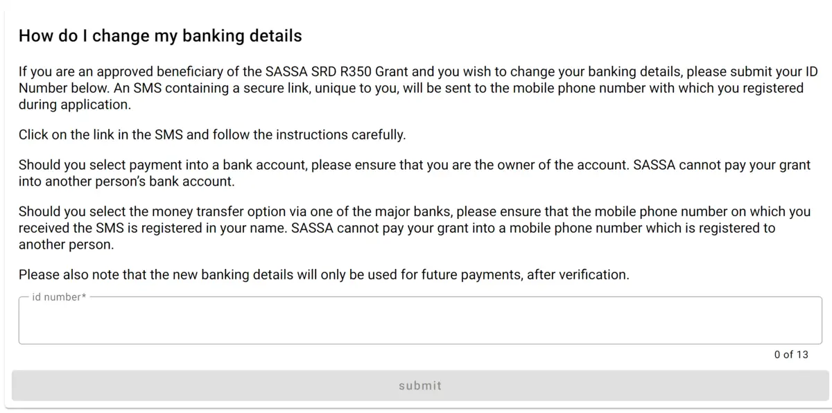 Change SASSA Banking Details Online